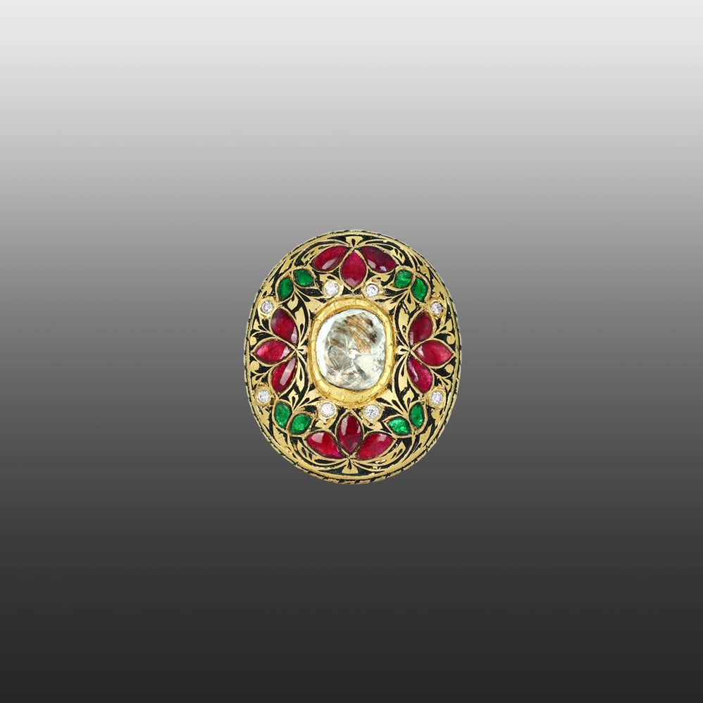 Polki Ring with Red and Green Talaf Floral Design